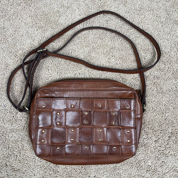 Handbags - Brown Leather Purse Woven Bronze Studded Crossbody Bag Boho Soft Made in India